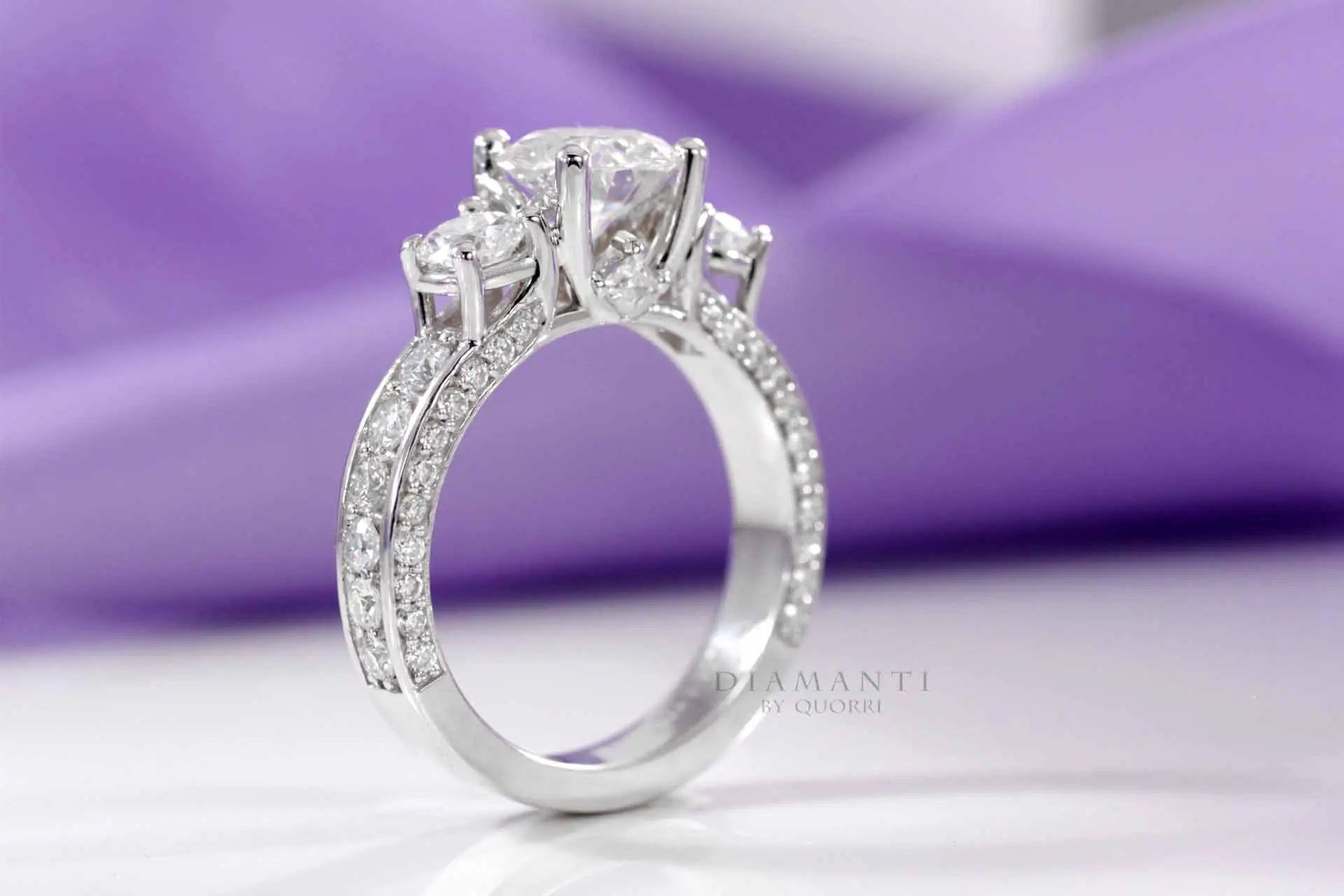 designer vera wang inspired accented 3 stone round lab diamond engagement ring Quorri