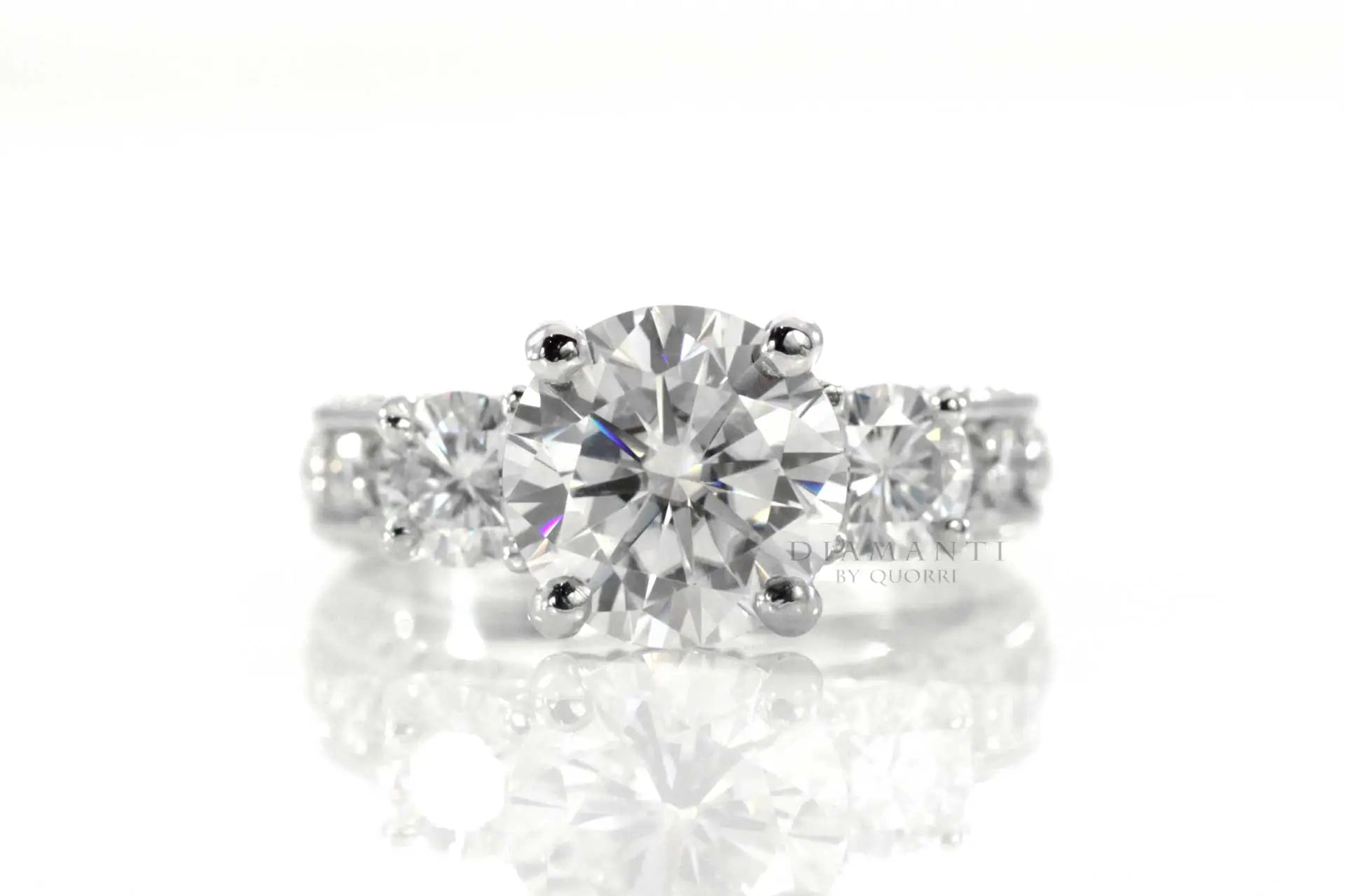 white gold vera wang inspired accented 3 stone round lab diamond engagement ring