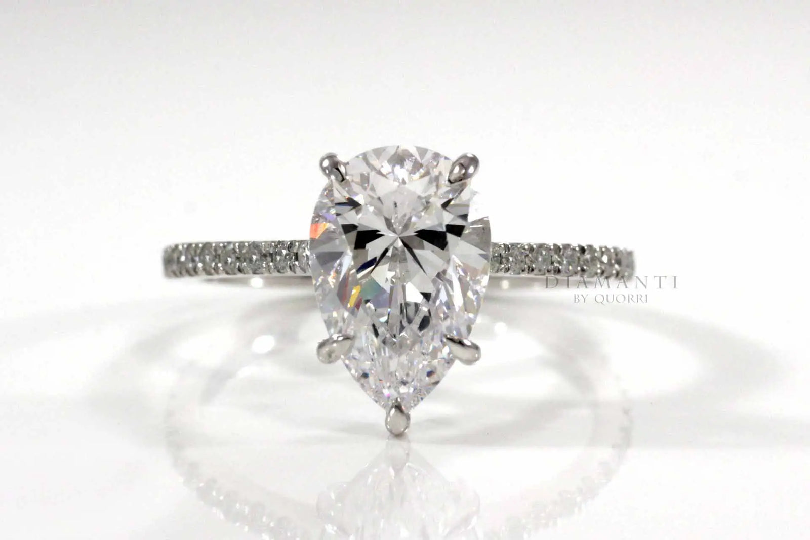 5 prong white gold 3 carat lab diamond pear accented engagement ring Quorri