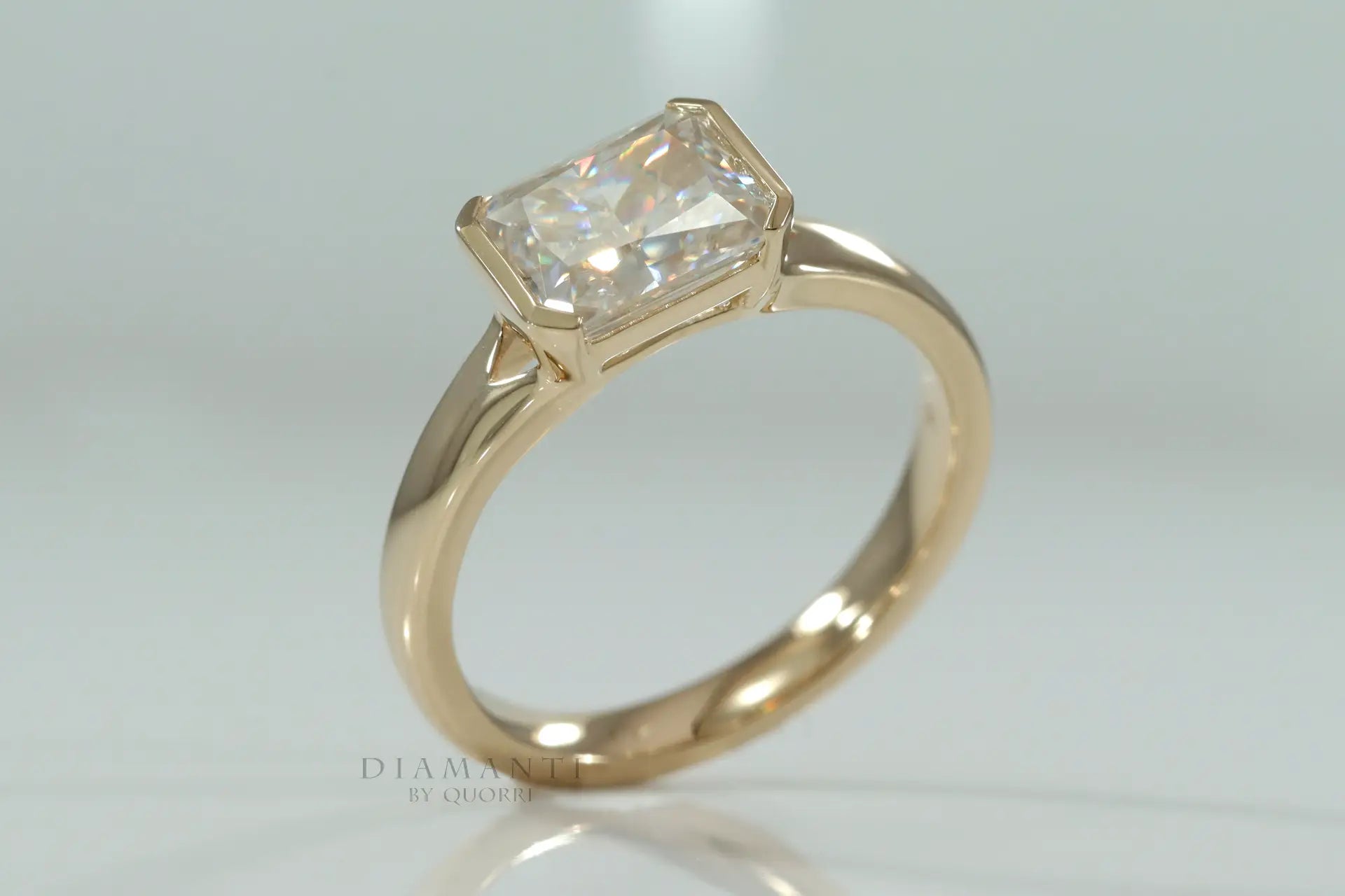 14k yellow gold designer bezel set 1.5 carat radiant lab grown diamond engagement ring Quorri