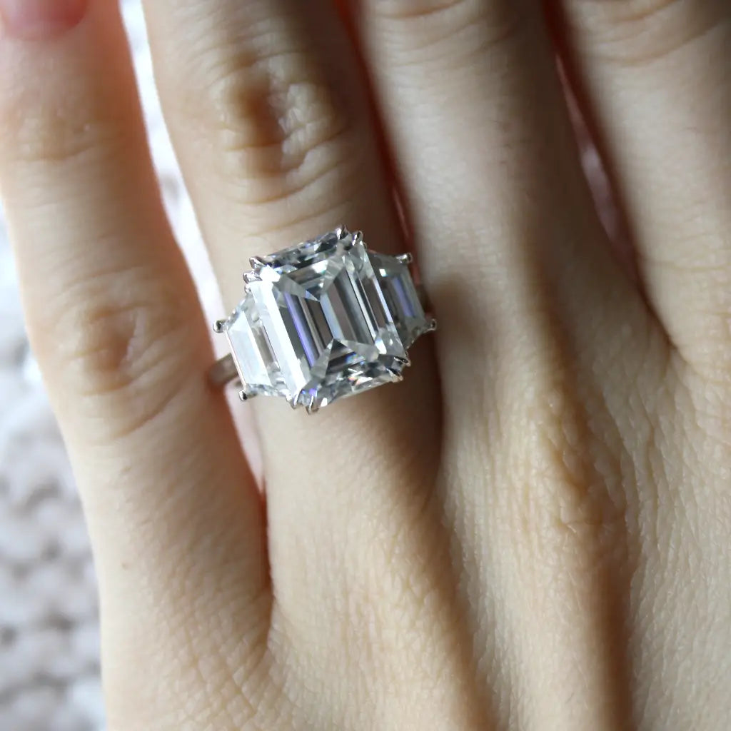 custom three stone emerald cut diamond ring Canada
