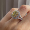 designer double halo dual claw two-tone gold 3 carat cushion cut lab grown cultured yellow sapphire engagement ring at Quorri Canada