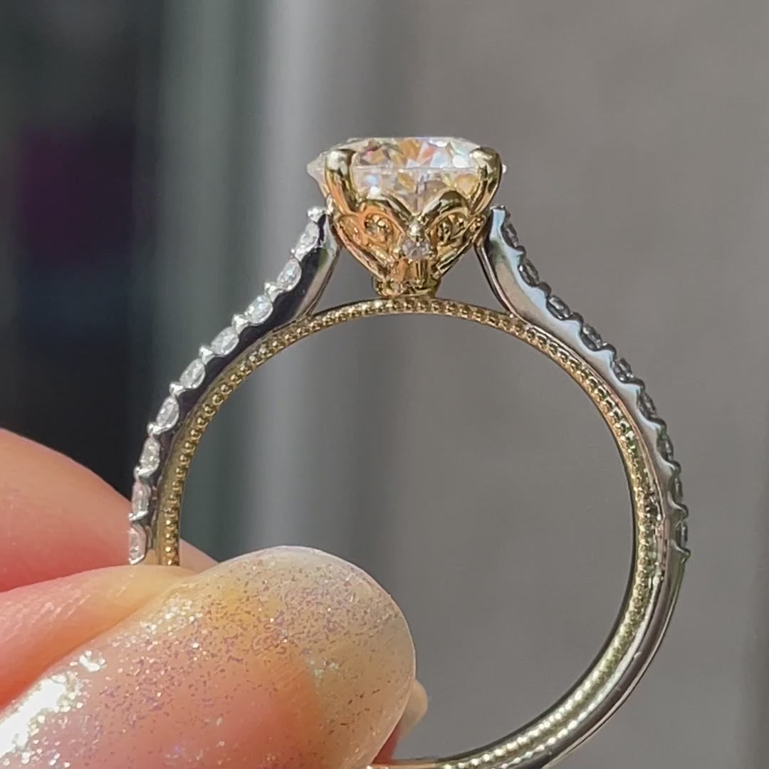 designer two-tone antique accented 2 carat round lab diamond engagement ring Quorri Canada