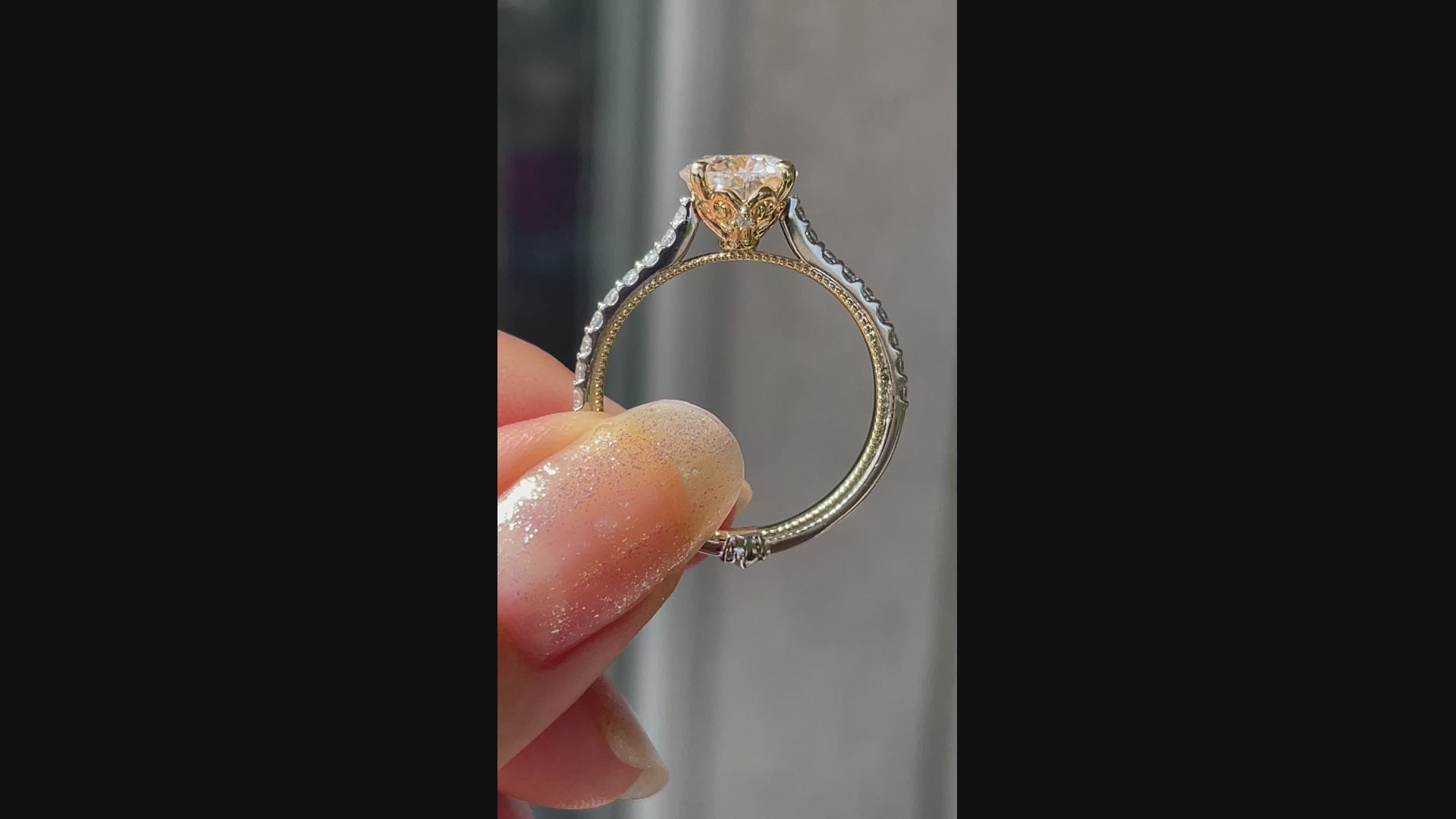 designer two-tone antique accented 2 carat round lab diamond engagement ring Quorri Canada