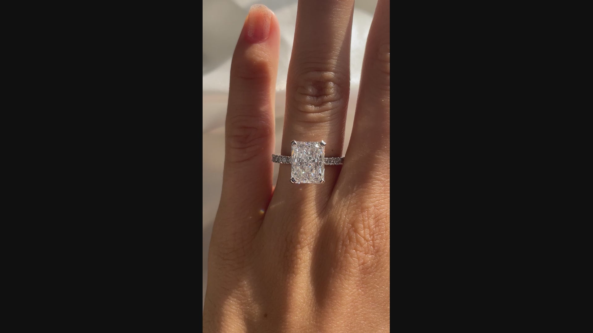 4.5 carat platinum claw prong under-halo radiant lab grown diamond engagement ring Quorri