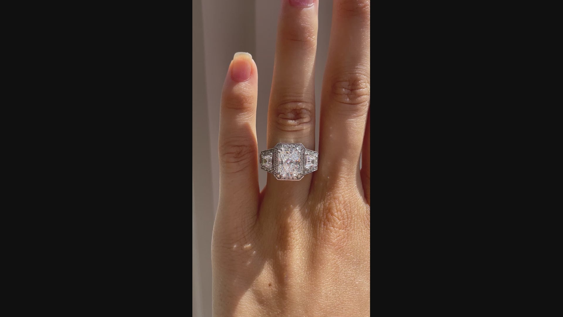 elaborate dual claw 5ct radiant halo lab diamond engagement ring