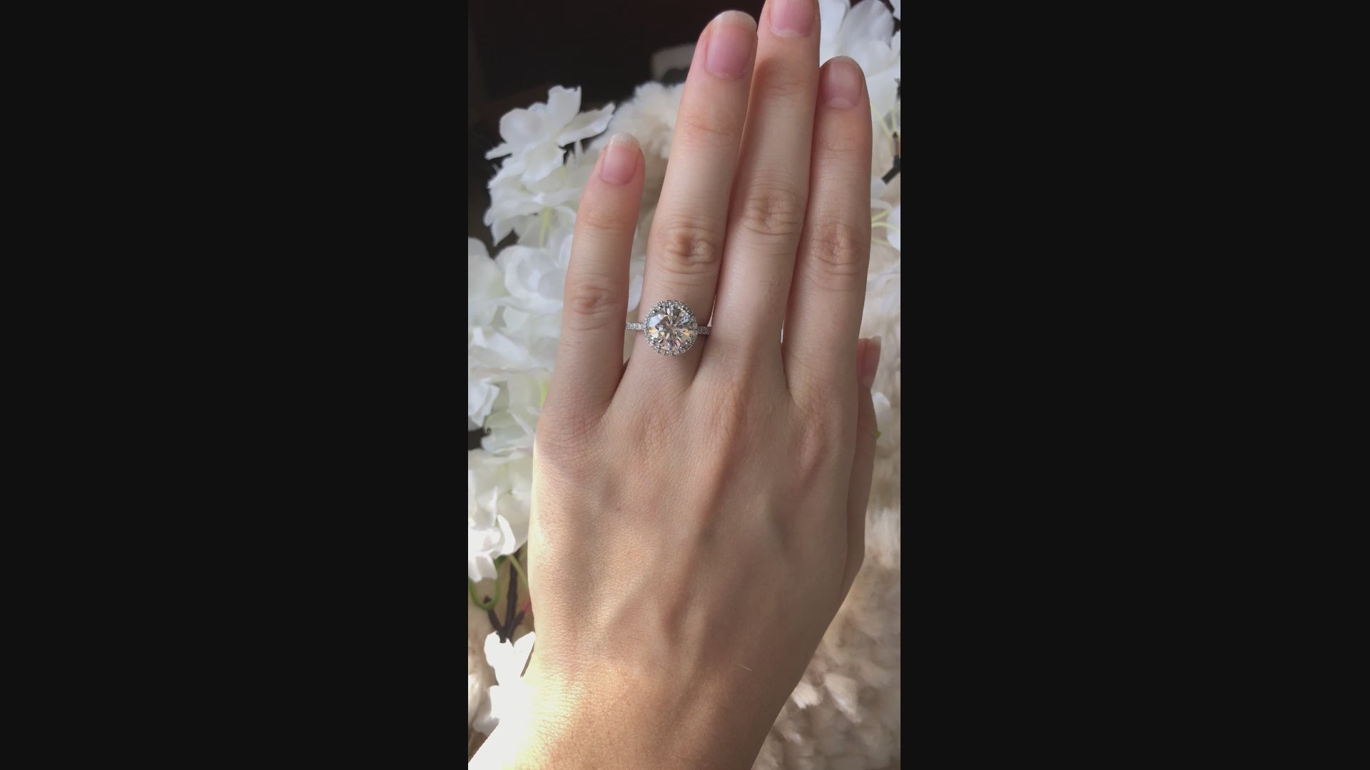 3 carat 18k white gold accented halo round diamond engagement ring Quorri
