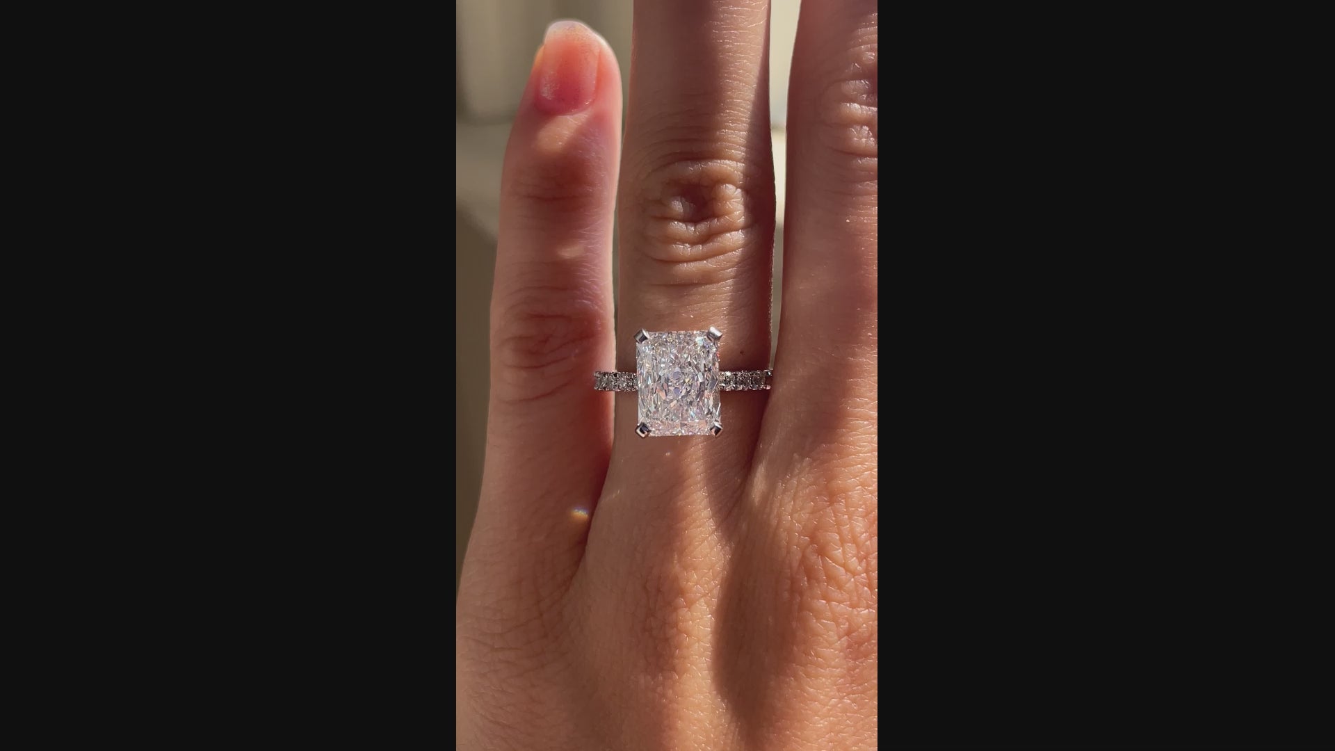 designer affordable 4 carat 18k white gold  under-halo accented radiant lab grown diamond engagement ring Quorri