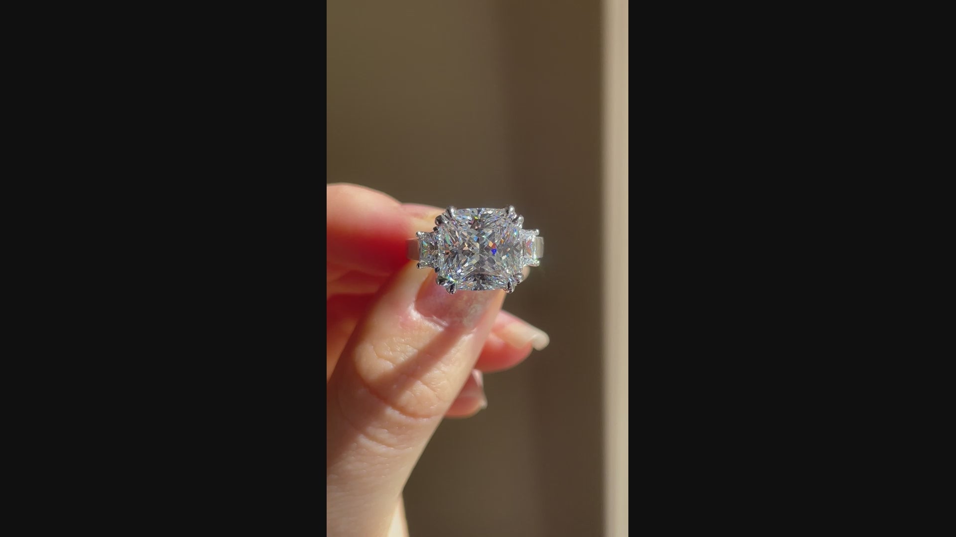 designer dual claw three stone 4 carat Radiant lab grown diamond engagement ring Quorri