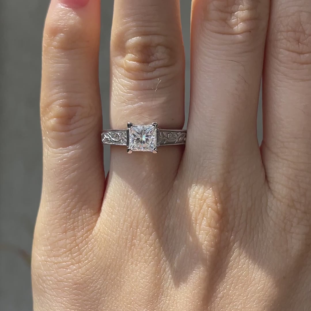 roses engraved 18k white gold 3 carat princess cut lab made diamond engagement ring at Quorri Canada