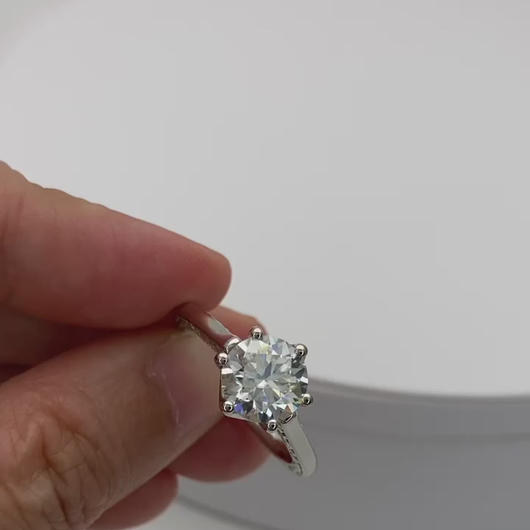 white gold six prong rose motif 3 carat round lab created diamond engagement ring Quorri