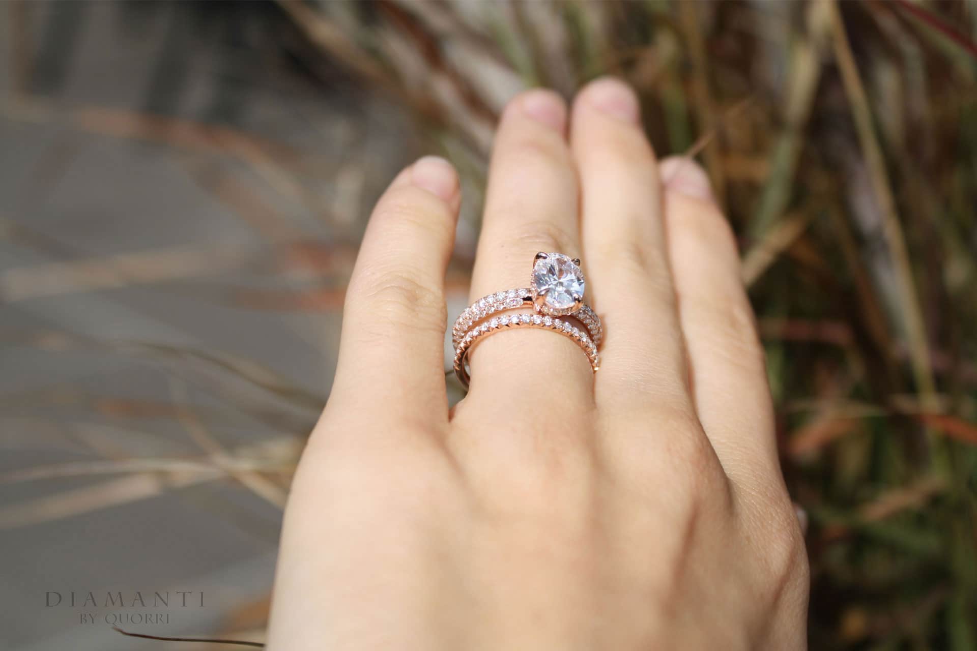 accented rose gold oval solitaire engagement ring set