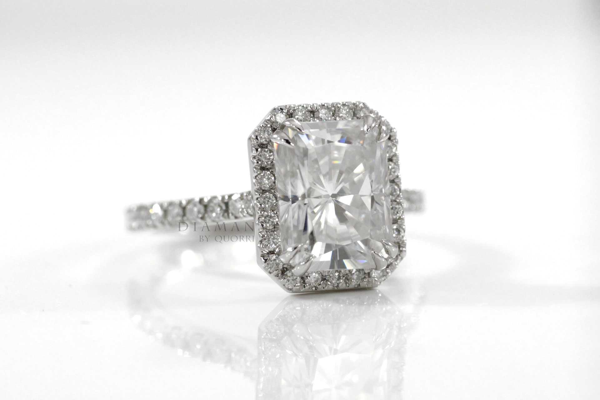 dual claw halo radiant cut moissanite lab diamond ring Canada